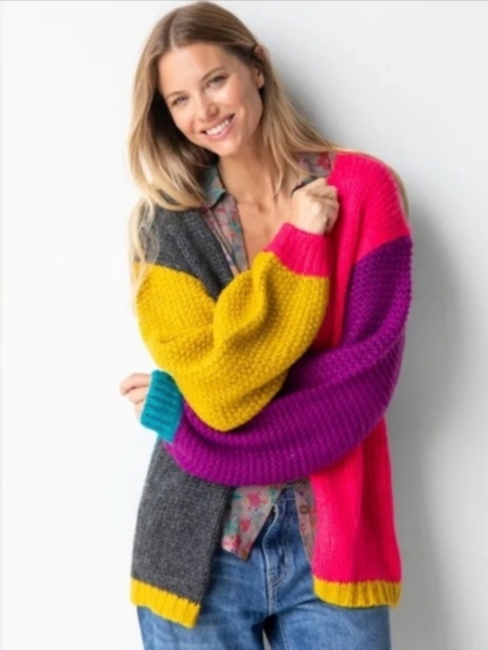 NWT Natural Life Color Block Chunky Knit Cardigan Sweater L/XL